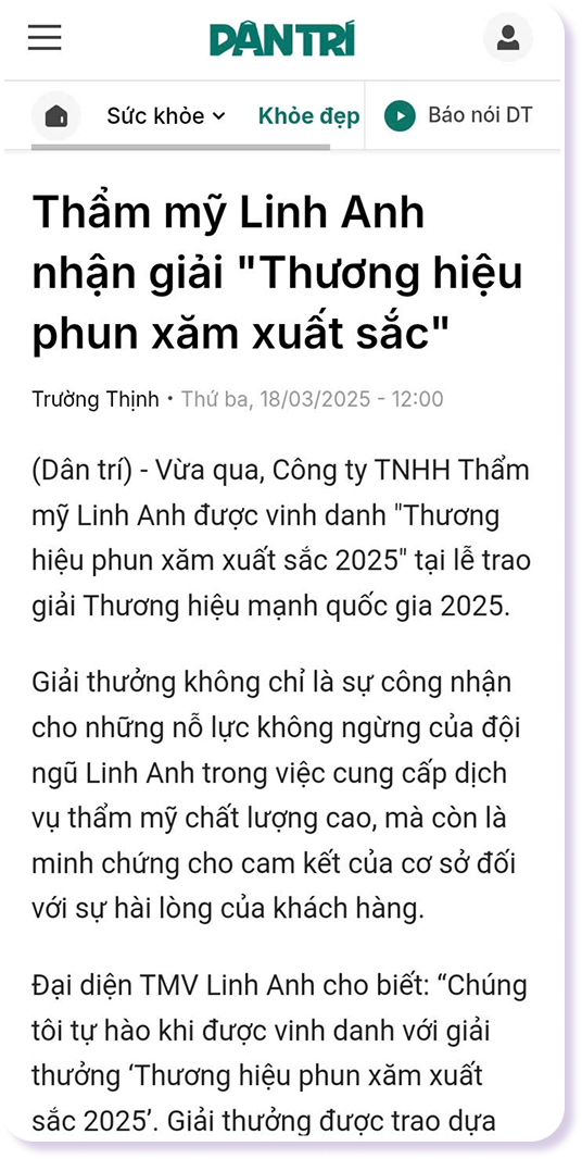 Dân trí: Thẩm mỹ Linh Anh nhận giải Thương hiệu phun xăm xuất sắc 2025