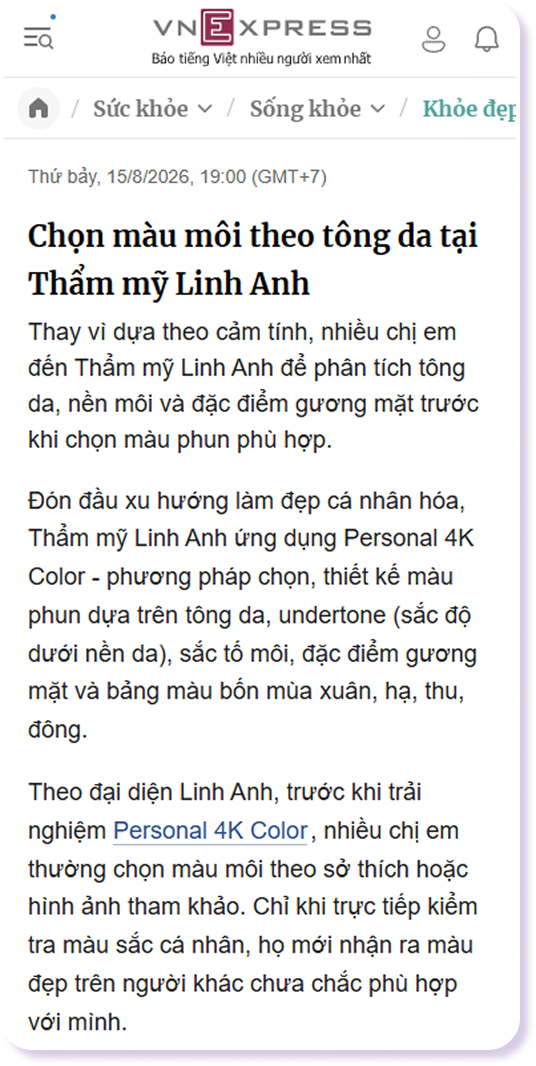 VnExpress: Chọn màu môi theo tông da tại Thẩm mỹ Linh Anh
