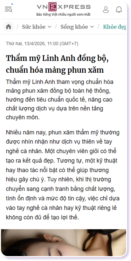 VnExpress: Thẩm mỹ Linh Anh đồng bộ, chuẩn hóa mảng phun xăm