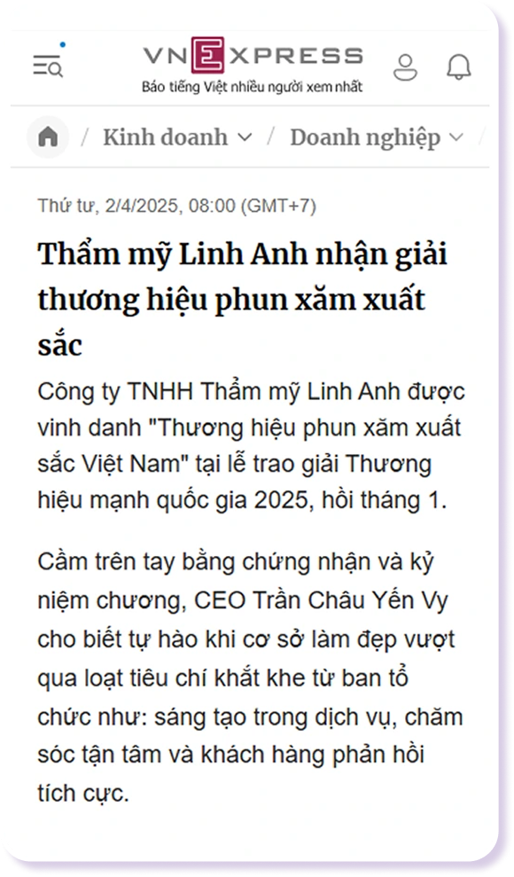 VnExpress: Thẩm mỹ Linh Anh nhận giải thương hiệu phun xăm xuất sắc