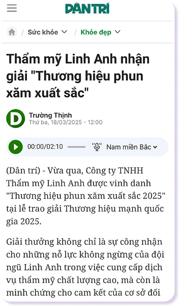 Dân trí: Thẩm mỹ Linh Anh nhận giải "Thương hiệu phun xăm xuất sắc"