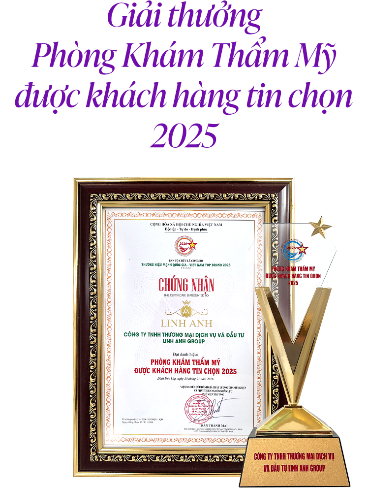 Giải thưởng Phòng Khám Thẩm Mỹ được khách hàng tin chọn 2025 – bằng chứng nhận và cúp của Thẩm mỹ Linh Anh