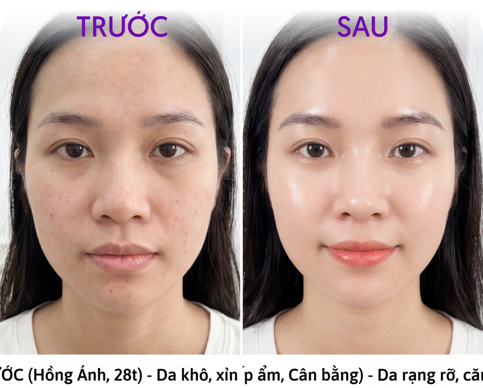 Trước và sau Chăm sóc phục hồi da – khách hàng Oanh Phạm, 33 tuổi, tại Thẩm mỹ Linh Anh