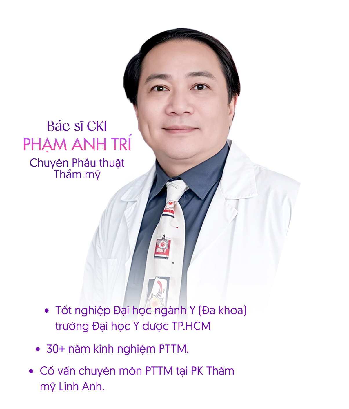 Thạc sĩ – Bác sĩ CKII Nguyễn Xuân Vũ – Giám đốc chuyên môn Khoa PTTM. Hơn 15 năm kinh nghiệm trong tạo hình thẩm mỹ, Bác sĩ PTTM của Bệnh viện Da liễu TP.HCM, Bác sĩ Nội trú – Đại học Y dược Huế, Bác sĩ CKII – Đại học Y Hà Nội, Bác sĩ CKI – Đại học Y Phạm Ngọc Thạch.