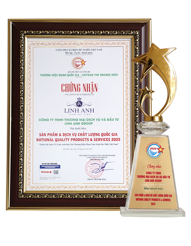 Bộ chứng nhận và cúp giải thưởng của Thẩm mỹ Linh Anh