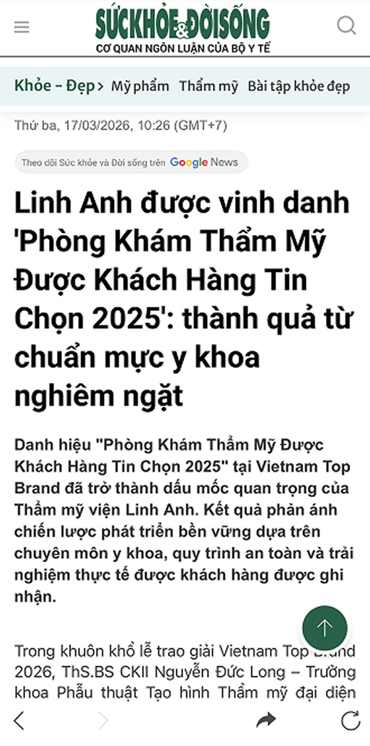 Sức khỏe & Đời sống: Linh Anh được vinh danh "Phòng khám thẩm mỹ được khách hàng tin chọn 2025": thành quả từ chuẩn mực y khoa nghiêm ngặt