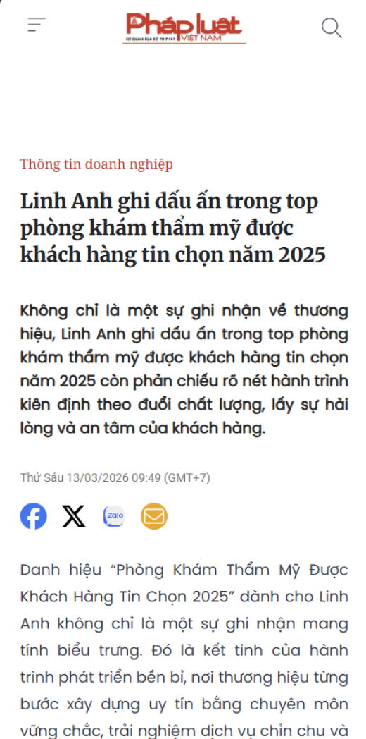 Báo Pháp luật: Linh Anh ghi dấu ấn trong Top phòng khám thẩm mỹ được khách hàng tin chọn năm 2025
