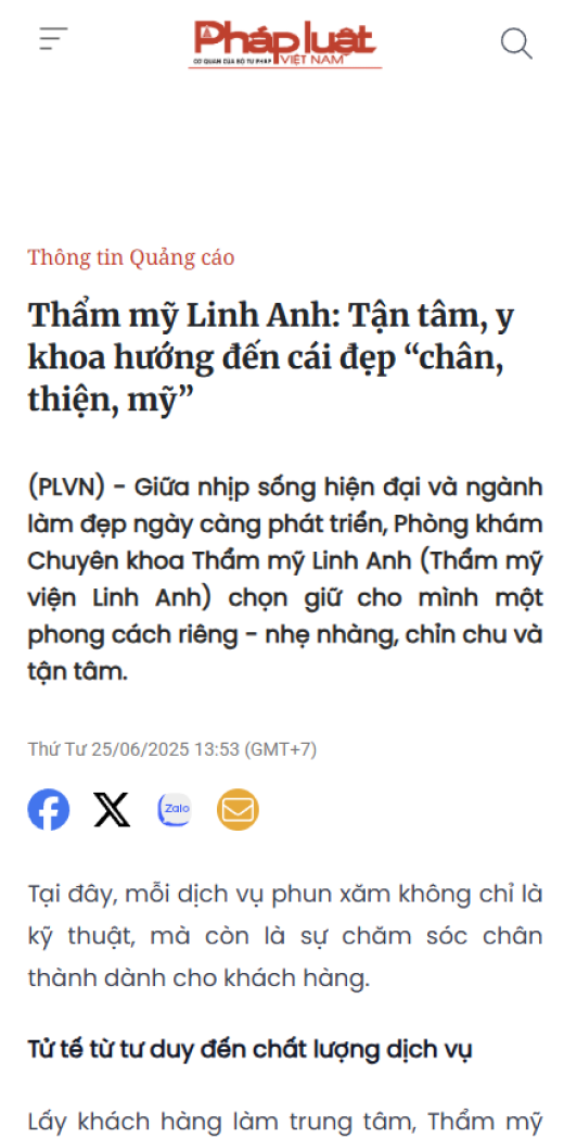 Báo Pháp luật: Thẩm mỹ Linh Anh: Tận tâm y khoa, hướng đến cái đẹp chân – thiện – mỹ