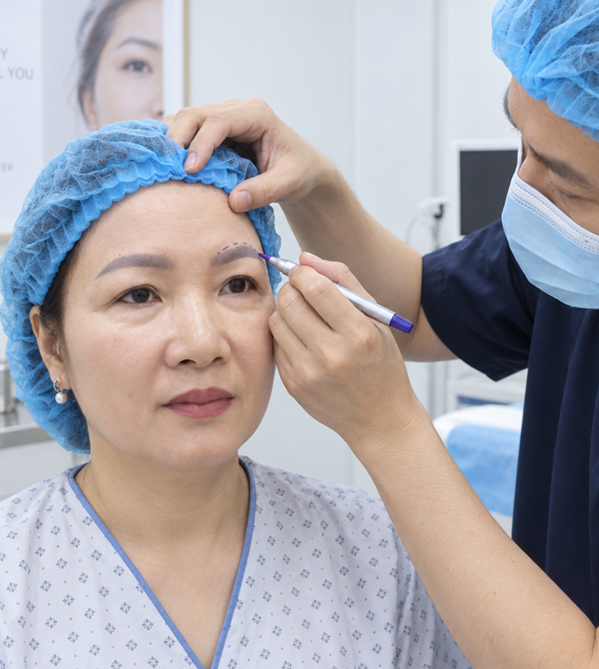 Bác sĩ thăm khám trực tiếp tình trạng vùng mắt trước khi chọn giải pháp